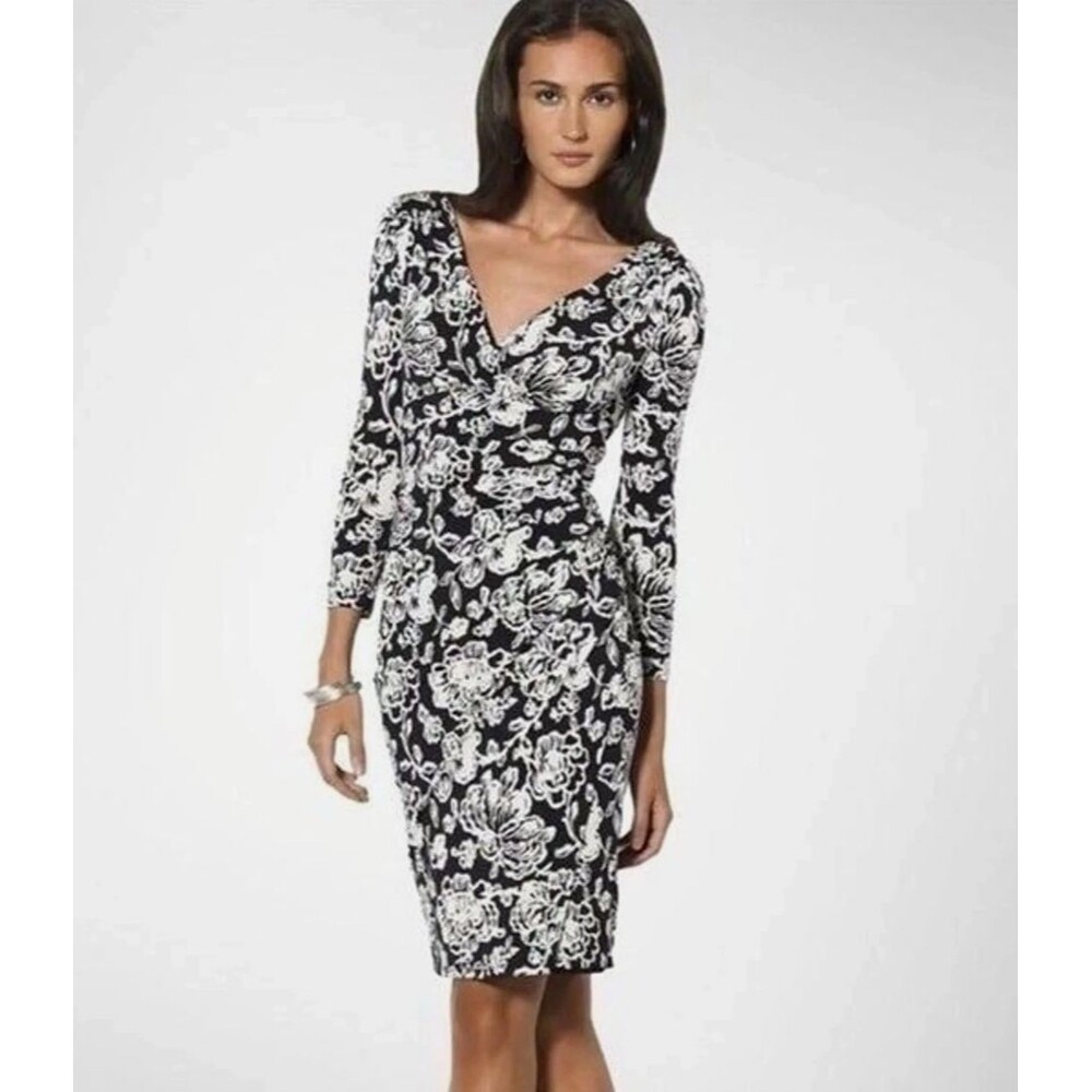 Lauren Ralph Lauren Dress Womens Sz 2 Black White Floral 3/4 Sleeve EUC